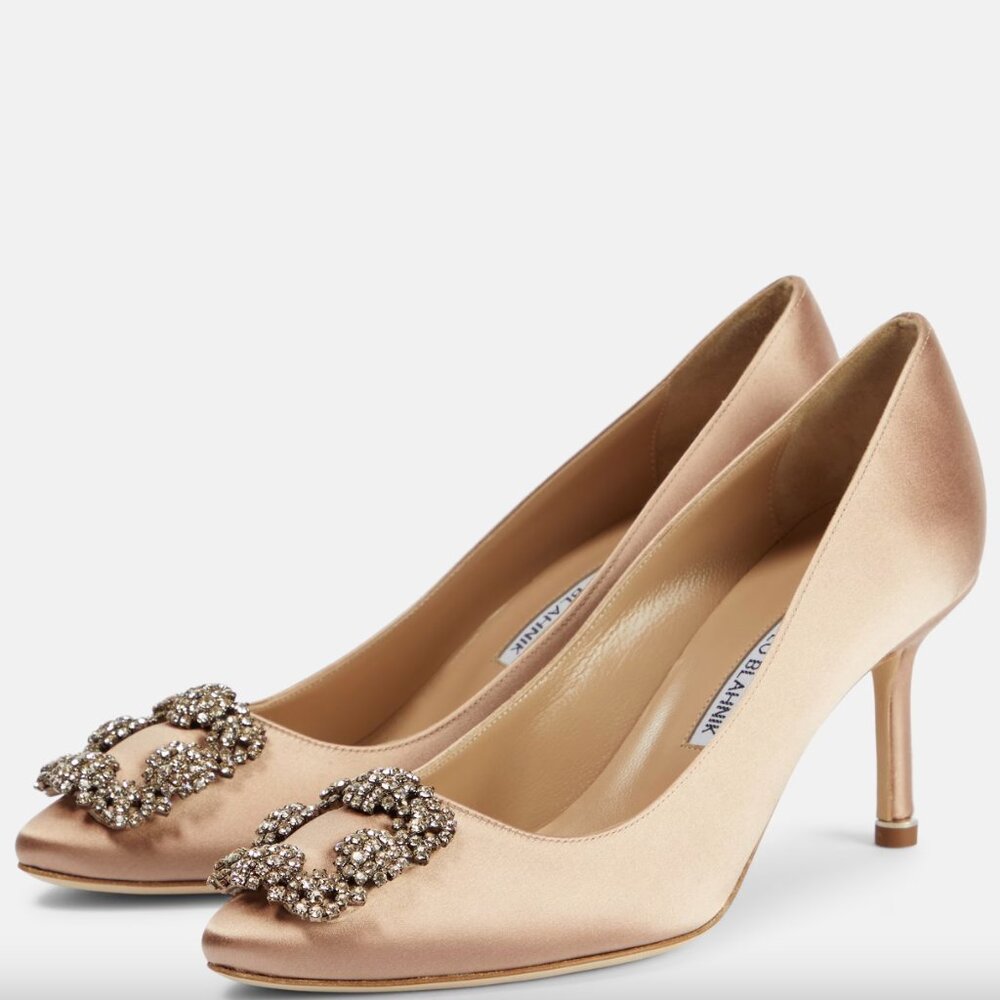 NEW Manolo Blahnik Hangisi 70MM Embellished Satin Pumps 41 (11) Nude RT $1450+